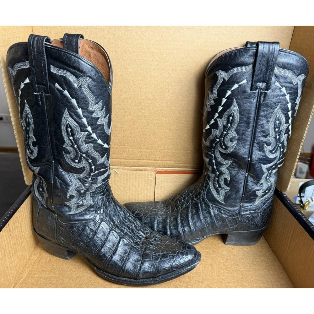Vintage Dan Post Caiman Gator Tail Western Cowboy Boots Black Mens 9.5 D DP2385